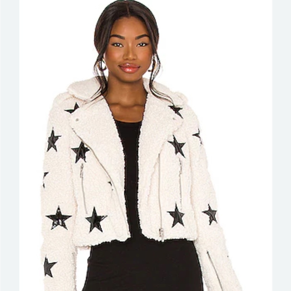 Blank NYC Cozy Cream Sherpa Jacket with Black Star Accents sz S